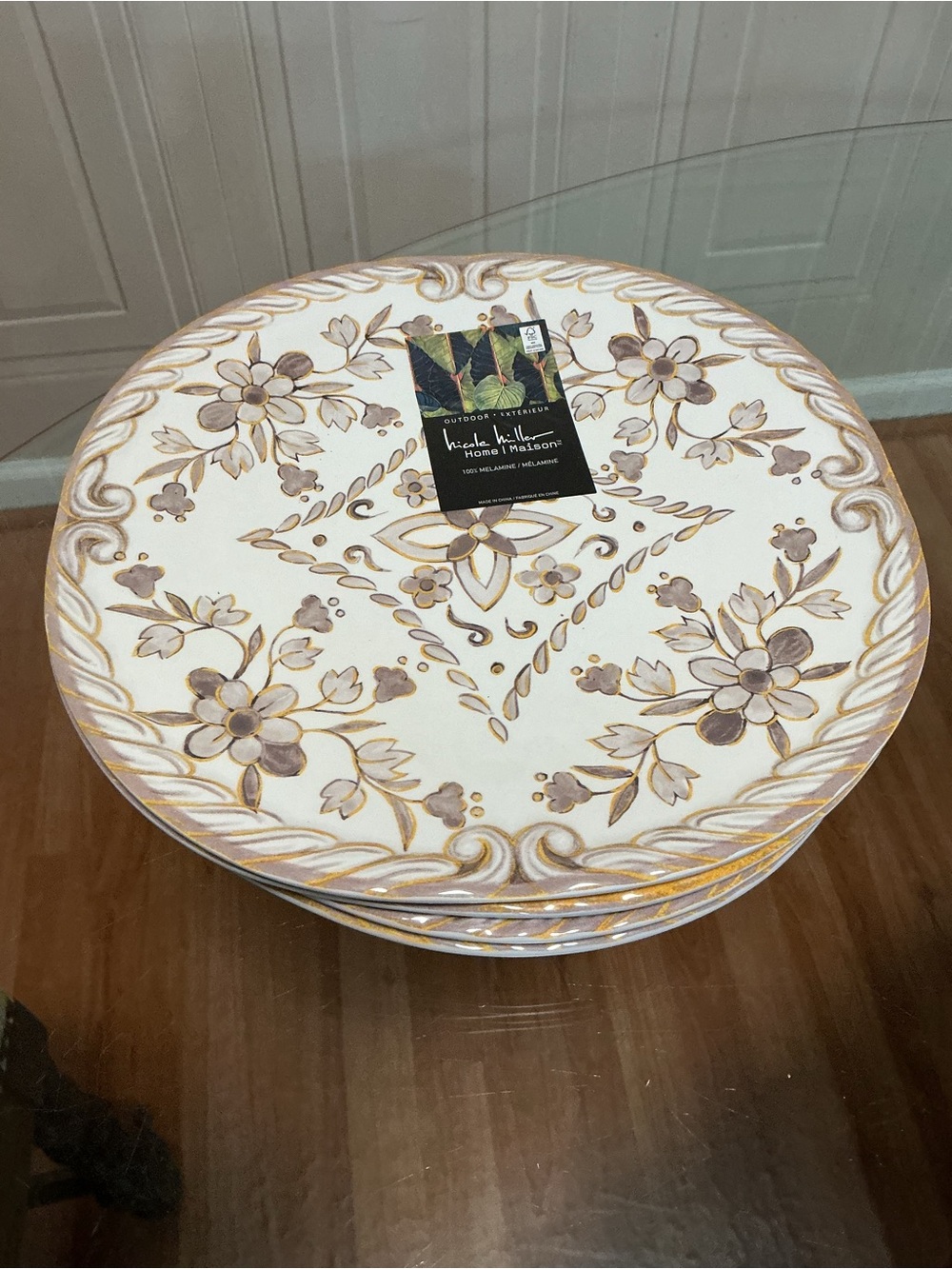 Nicole Miller Tuscan Floral Scroll MELAMINE Plate Set ~ 4 Dinner Plates 11”